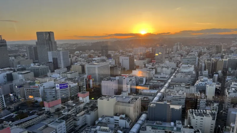 view of Sendai at sunset from AER building